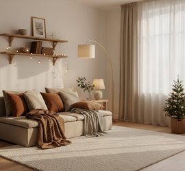 Topla blagdanska atmosfera bez kiča: kombinacija tepiha, tekstila i namještaja u dnevnom boravku
