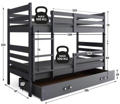 BMS Group - Krevet na kat Eryk s ladicom - 90x190 cm - grafit