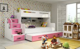 Krevet na kat Max-3 s dodatnim ležajem - 120x200 cm - bijela/roza