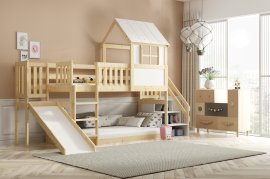 Krevet na kat antresola nizka Domek s stopničkami in toboganom - 90x200 cm