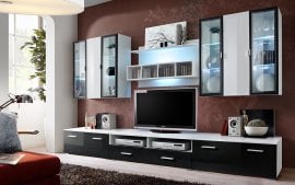 Regal za dnevni boravak Quadro 300 cm LED - bijeli/crn sjaj
