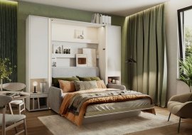 Komplet krevet u ormaru, bež uzglavlje, bež dvosjed, ormare, Led, madrac Bed Concept 01 - 140x200 cm - bela