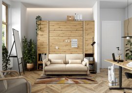 Komplet krevet u ormaru, bež uzglavlje, bež dvosjed, ormari, LED, madrac Bed Concept 01 - 140x200 cm - hrast artisan