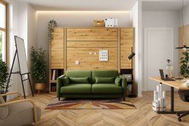 Komplet krevet u ormaru, zelena dvosjed, ormari, LED, madrac Bed Concept 01 - 140x200 cm - artisan hrast