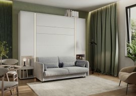 Komplett kreveta u ormaru, sivo uzglavlje, siva sofa, ormari, LED, madrac Bed Concept 13 - 180x200 cm - bijela