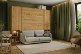 Komplet krevet u ormaru, sivo uzglavlje, siva trosjed, ormari, LED, madrac Bed Concept 13 - 180x200 cm - artisan hrast