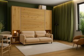 Komplet krevet u ormaru, bež uzglavlje, bež trosjed, ormari, LED, madrac Bed Concept 13 - 180x200 cm - artisan hrast