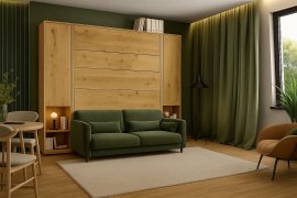 Komplet krevet u ormaru, zelena uzglavlja, zelena trosjedna garnitura, ormari, LED, madrac Bed Concept 13 - 180x200 cm - artisan hrast