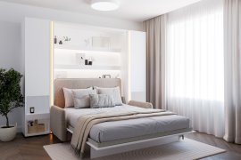 Komplet krevet u ormaru BC-12, uzglavlje BC-17, kauč BC-19, 3xLED, ormari 2x BC-07, madrac - 160x200 cm - bijela/bež