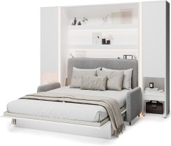 Komplet krevet u ormaru, uzglavlje BC-16, kauč BC-18, 3xLED, ormari 2x BC-07, madrac Zagreb - Bed Concept BC-01 - 140x200 cm - bijela/siva