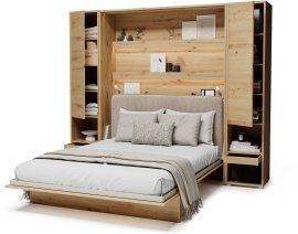 Komplet krevet u ormaru BC-12, uzglavlje BC-17, 1xLED, ormari 2x BC-07, madrac - 160x200 cm - artisan/bež