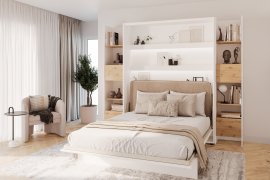 Komplet krevet u ormaru BC-01, uzglavlje BC-16, 1xLED, ormari 2x BC-23, madrac - 140x200 cm - bijela/bež