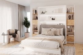 Komplet krevet u ormaru BC-01, uzglavlje BC-16, 1xLED, ormari 2x BC-23, madrac - 140x200 cm - bijela/siva