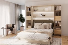Komplet krevet u ormaru BC-01, uzglavlje BC-16, 1xLED, ormari 2x BC-23 - kašmir/hrast lugano, madrac - 140x200 cm - kašmir/zelena