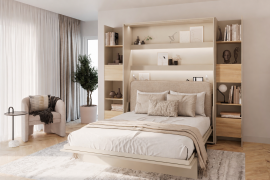 Komplet krevet u ormaru BC-13, uzglavlje BC-33, 1xLED, ormari 2x BC-23 - kašmir/hrast lugano, madrac - 180x200 cm - kašmir/bež