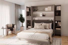 Komplet krevet u ormaru BC-13, uzglavlje BC-33, 1xLED, ormari 2x BC-23 - siva/grafit, madrac - 180x200 cm - siva/grafit