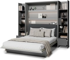Komplet krevet u ormaru BC-12, uzglavlje BC-17, 1xLED, ormari 2x BC-23 - siva/grafit, madrac - 160x200 cm - siva/grafit