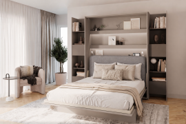 Komplet krevet u ormaru BC-12, uzglavlje BC-17, 1xLED, ormari 2x BC-23 - siva/grafit, madrac - 160x200 cm - siva