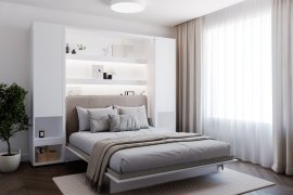 Komplet krevet u ormaru BC-01, uzglavlje BC-16, 1xLED, ormari 2x BC-07 - bijeli, madrac - 140x200 cm - bijela/bež