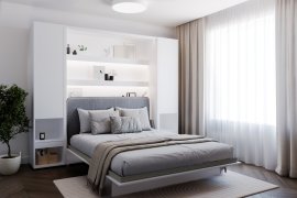 Komplet krevet u ormaru BC-01, uzglavlje BC-16, 1xLED, ormari 2xBC-07 - bijeli, madrac - 140x200 cm - bijela/siva