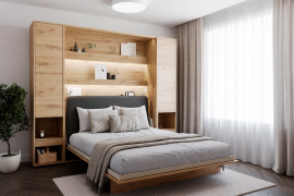 Komplet krevet u ormaru BC-01, uzglavlje BC-16, 1xLED, ormari 2xBC-07 - artisan hrast, madrac - 140x200 cm - artisan hrast/grafit