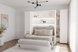 Komplet krevet u ormaru BC-01, uzglavlje BC-16, kauč BC-18, 3xLED, ormari BC-07, BC-21, BC-24 - bijeli, madrac - 140x200 cm - bijela/siva