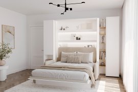 Komplet krevet u ormaru BC-13, uzglavlje BC-33, kauč BC-35, 3xLED, ormari BC-07, BC-21, BC-24 - bijeli, madrac - 180x200 cm - bijela/bež