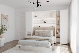 Komplet krevet u ormaru BC-01, uzglavlje BC-16, 1xLED, ormari BC-07, BC-21, BC-24 - bijeli, madrac - 140x200 cm - bijela/bež