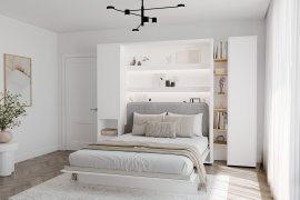Komplet krevet u ormaru BC-13, uzglavlje BC-33, 1xLED, ormari BC-07, BC-21, BC-24 - bijeli, madrac - 180x200 cm - bijela/siva