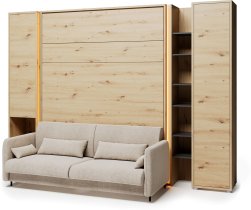 Komplet krevet u ormaru BC-12, uzglavlje BC-17, kauč BC-19, 3xLED, ormari BC-07, BC-21, BC-24 - artisan, madrac - 160x200 cm - artisan hrast/siva