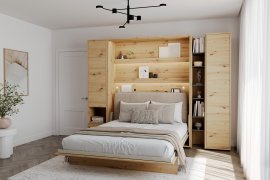 Komplet krevet u ormaru BC-13, uzglavlje BC-33, 1xLED, ormari BC-07, BC-21, BC-24 - artisan, madrac - 180x200 cm - artisan hrast/bež