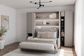 Komplet krevet u ormaru BC-01, uzglavlje BC-16, kauč BC-18, 3xLED, ormari BC-07, BC-21, BC-24 - sivi, madrac - 140x200 cm - siv