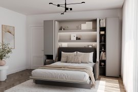 Komplet krevet u ormaru BC-13, uzglavlje BC-33, kauč BC-35, 3xLED, ormari BC-07, BC-21, BC-24 - sivi, madrac - 180x200 cm - siva/grafit