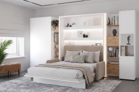 Komplet krevet u ormaru BC-12, uzglavlje BC-17, kauč BC-19, 3xLED, ormari BC-20, BC-24, BC-23, BC-08 - bijeli, madrac - 160x200 cm - bijela/bež