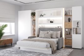 Komplet krevet u ormaru BC-01, uzglavlje BC-16, kauč BC-18, 3xLED, ormari BC-20, BC-24, BC-23, BC-08 - bijeli, madrac - 140x200 cm - bijela/siva
