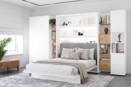 Komplet krevet u ormaru BC-12, uzglavlje BC-17, 1xLED, ormari BC-20, BC-24, BC-23, BC-08 - bijeli, madrac - 160x200 cm - bijelo/sivi