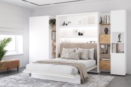 Komplet krevet u ormaru BC-12, uzglavlje BC-17, 1xLED, ormari BC-20, BC-24, BC-23, BC-08 - bijeli, madrac - 160x200 cm - bijela/bež
