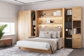 Komplet krevet u ormaru BC-13, uzglavlje BC-33, kauč BC-35, 3xLED, ormari BC-20, BC-24, BC-23, BC-08 - artisan, madrac - 180x200 cm - artisan hrast/bež