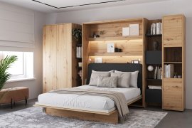 Komplet krevet u ormaru BC-13, uzglavlje BC-33 1xLED, ormari BC-20, BC-24, BC-23, BC-08 - artisan, madrac - 180x200 cm - artisan hrast/grafit