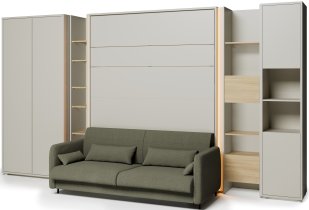 Komplet krevet u ormaru BC-01, uzglavlje BC-16, kauč BC-18, 3xLED, ormari BC-20, BC-24, BC-23, BC-08 - kašmir, madrac - 140x200 cm - kašmir/zelen