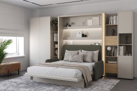 Komplet krevet u ormaru BC-13, uzglavlje BC-33, kauč BC-35, 3xLED, ormari BC-20, BC-24, BC-23, BC-08 - kašmir, madrac - 180x200 cm - kašmir/zelena