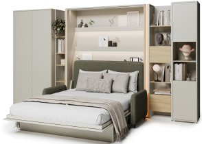 Komplet krevet u ormaru BC-01, uzglavlje BC-16, kauč BC-18, 3xLED, ormari BC-20, BC-24, BC-23, BC-08 - kašmir, madrac - 140x200 cm - kašmir/zelen