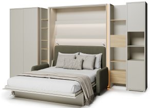 Komplet krevet u ormaru BC-01, uzglavlje BC-16, kauč BC-18, 3xLED, ormari BC-20, BC-24, BC-23, BC-08 - kašmir, madrac - 140x200 cm - kašmir/zelen