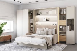 Komplet krevet u ormaru BC-13, uzglavlje BC-33, kauč BC-35, 3xLED, ormari BC-20, BC-24, BC-23, BC-08 - kašmir, madrac - 180x200 cm - kašmir/bež