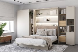 Komplet krevet u ormaru BC-12, uzglavlje BC-17, 1xLED, ormari BC-20, BC-24, BC-23, BC-08 - kašmir, madrac - 160x200 cm - kašmir/bež