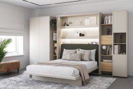 Komplet krevet u ormaru BC-13, uzglavlje BC-33, 1xLED, ormari BC-20, BC-24, BC-23, BC-08 - kašmir, madrac - 180x200 cm - kašmir/zelena