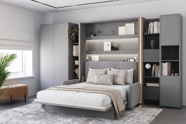 Komplet krevet u ormaru BC-01, uzglavlje BC-16, kauč BC-18, 3xLED, ormari BC-20, BC-24, BC-23, BC-08 - sivi, madrac - 140x200 cm - sivi