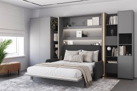 Komplet krevet u ormaru BC-12, uzglavlje BC-17, kauč BC-19, 3xLED, ormari BC-20, BC-24, BC-23, BC-08 - siva, madrac - 160x200 cm - siva/grafit