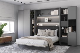 Komplet krevet u ormaru BC-12, uzglavlje BC-17, 1xLED, ormari BC-20, BC-24, BC-23, BC-08 - siva, madrac - 160x200 cm - siva/grafit