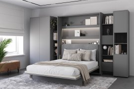Komplet krevet u ormaru BC-13, uzglavlje BC-33, 1xLED, ormari BC-20, BC-24, BC-23, BC-08 - siva, madrac - 180x200 cm - siva